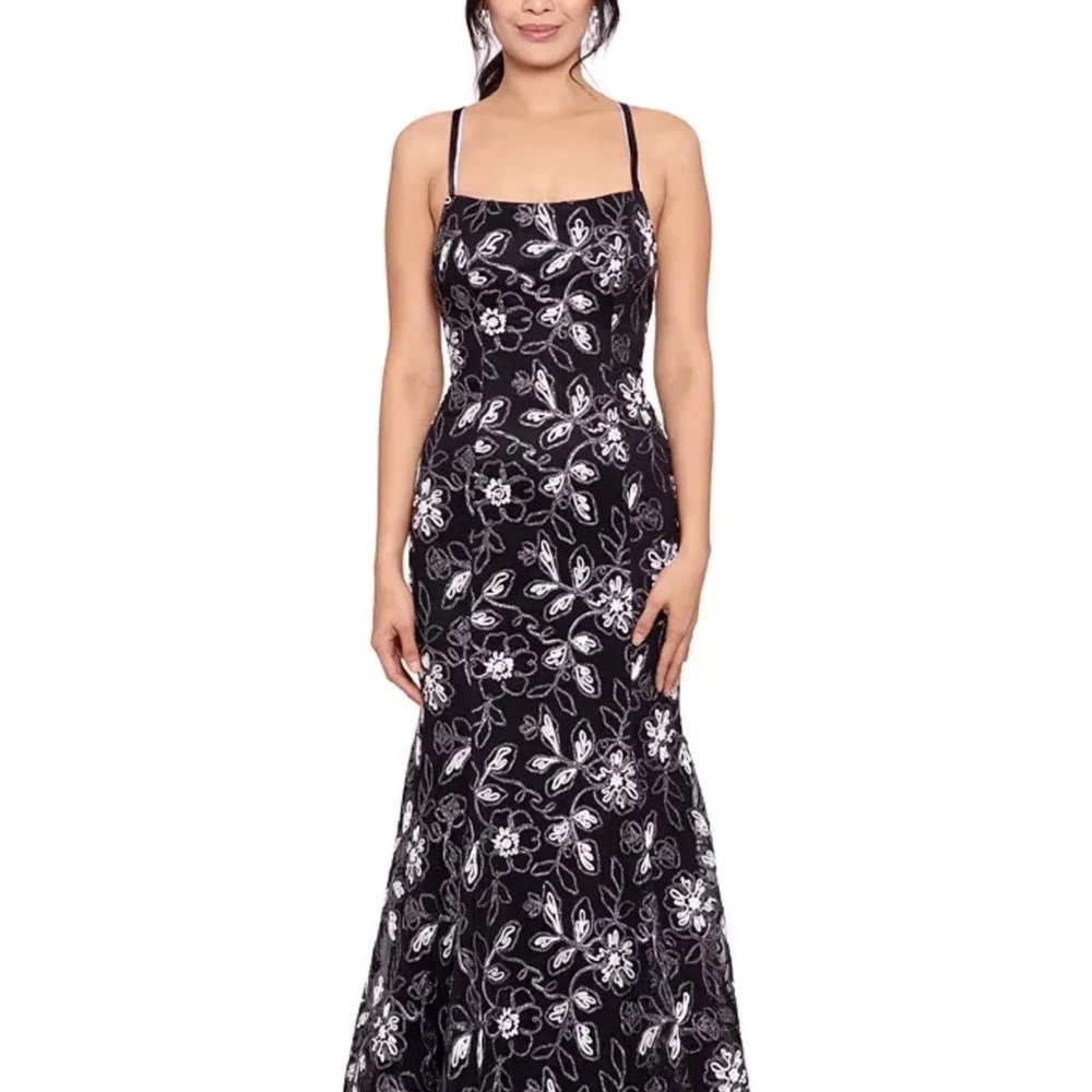Betsy & Adam Black and White Strapless Gown